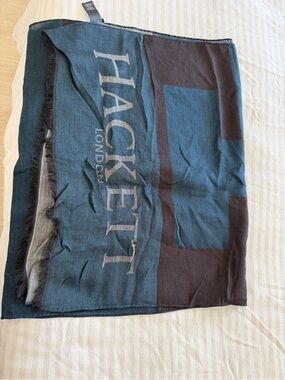 Hackett London Teal & Brown Logo Wool Blend Scarf